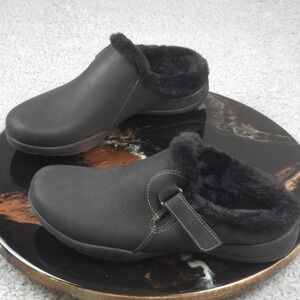 Collection Fur Lined Clogs‎ Mules Black Leather Slip On Shoes Size 8.5